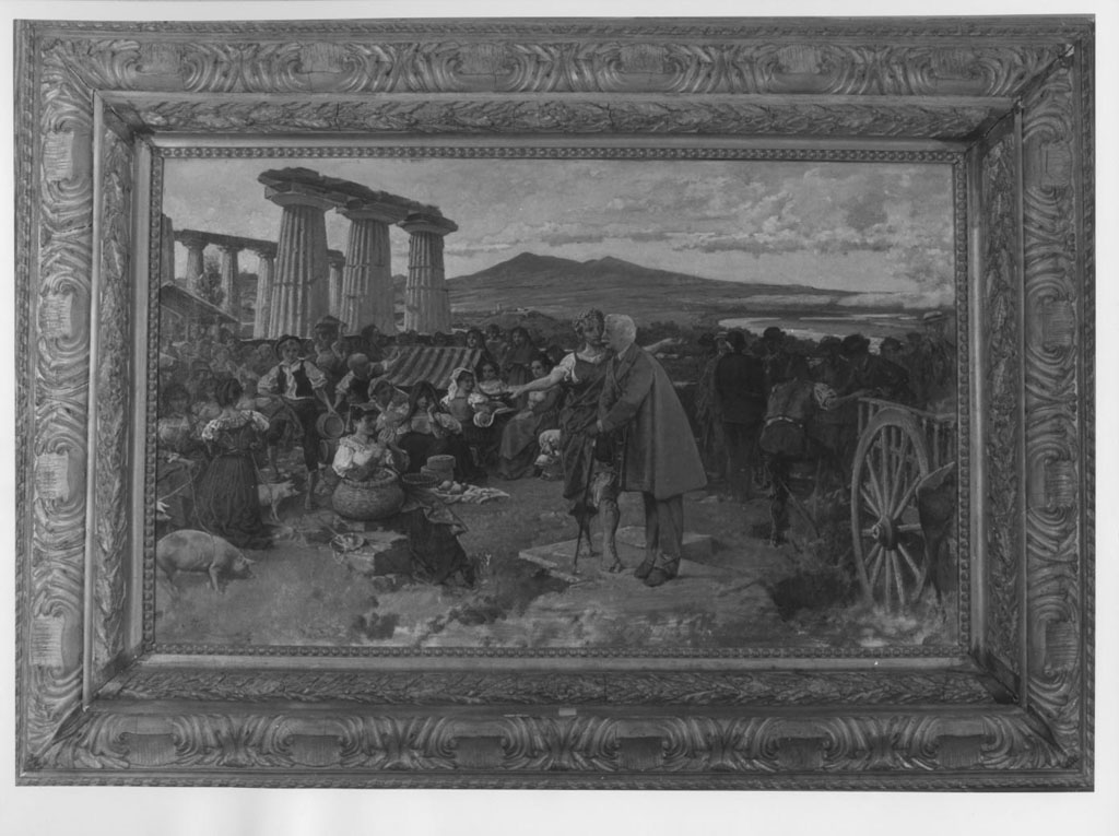 Personaggio in visita alle rovine di Metaponto. I filo-elleni della Magna Grecia, paesaggio con rovine (dipinto) di Tedesco Michele (sec. XIX)