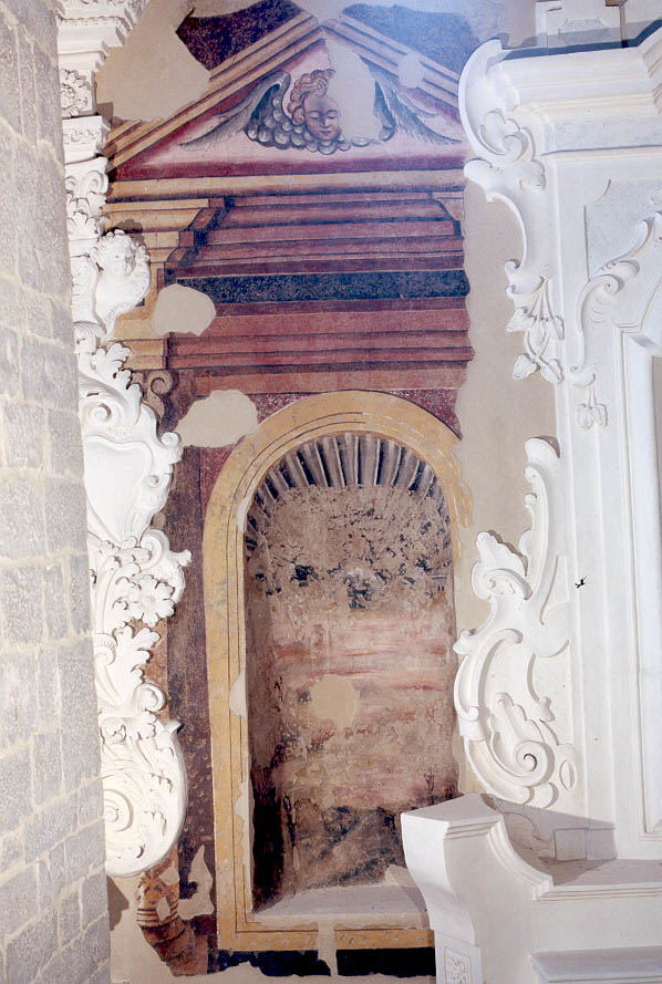 nicchia con paesaggio ed angelo, cornice architettonica con motivi decorativi e figure (dipinto, opera isolata) - ambito Italia meridionale (secondo quarto sec. XVII)