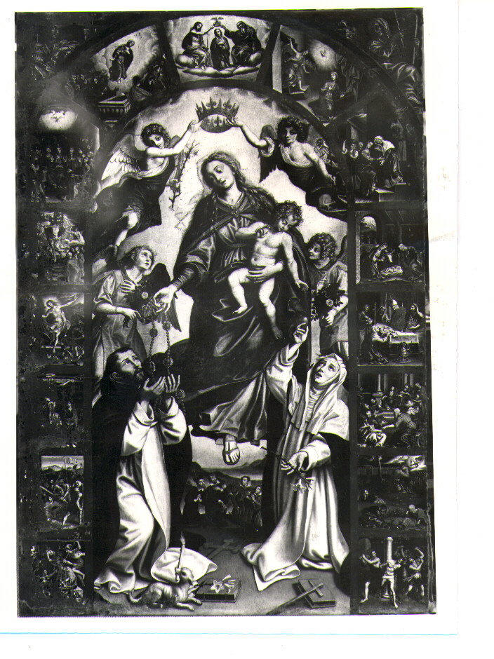 Madonna del Rosario con Santi domenicani e misteri del rosario (dipinto) di Giovanni de Gregorio detto Pietrafesa (primo quarto sec. XVI)