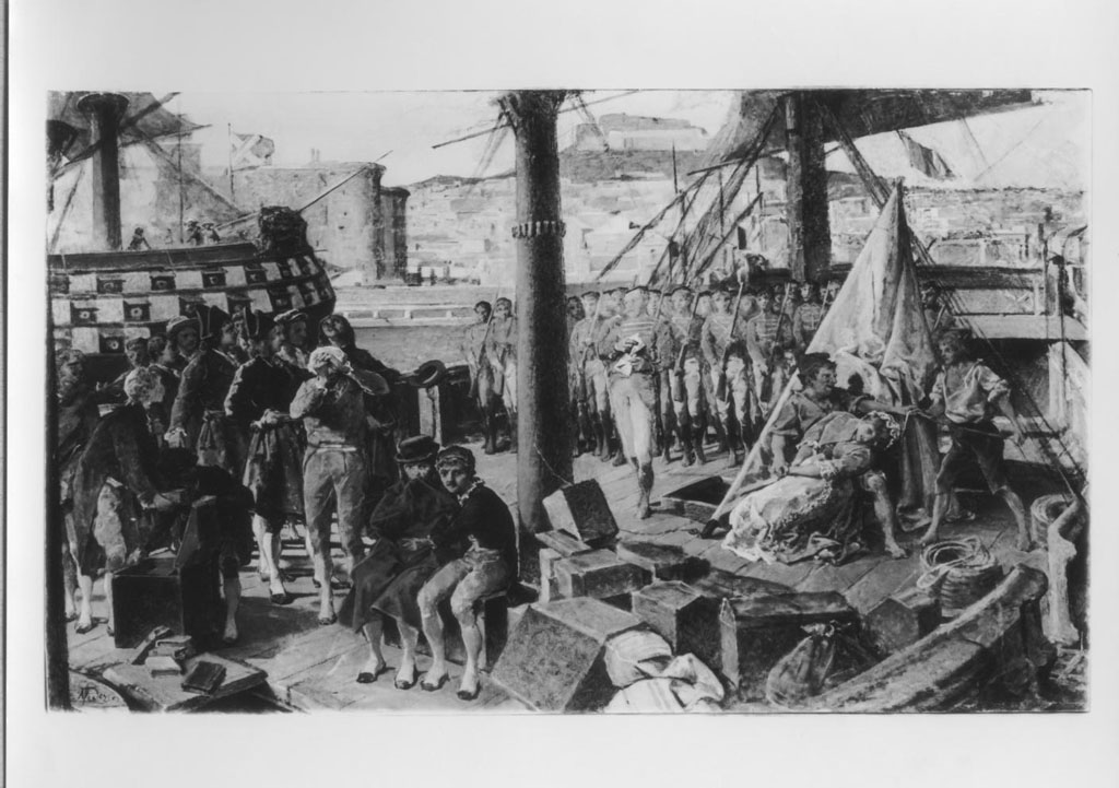 Arresto di patrioti napoletani a bordo di una nave francese (dipinto) di Tedesco Michele (fine sec. XIX)