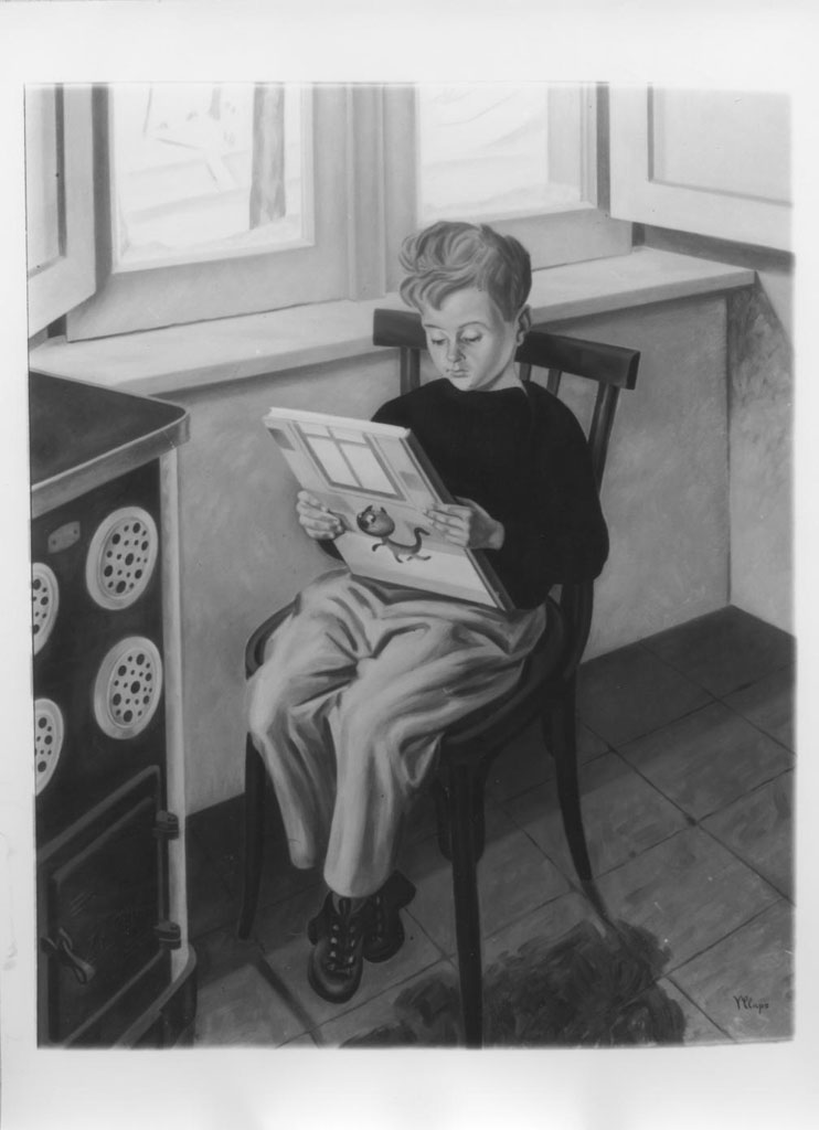 Figura di ragazzo che legge. Il libro nuovo, figura maschile (dipinto) di Claps Vincenzo (metà sec. XX)