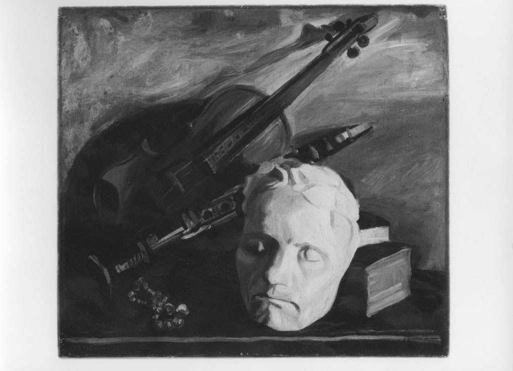 Natura morta con strumenti musicali e maschera di Beethoven, natura morta con strumenti musicali (dipinto) di Claps Vincenzo (sec. XX)