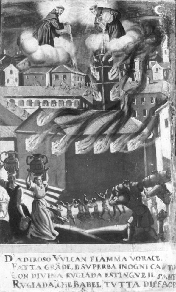 Sant'Antonio da Padova e San Francesco d'Assisi spengono l'incendio di una chiesa, Santi (dipinto, ciclo) di Bresciano Girolamo (sec. XVII)
