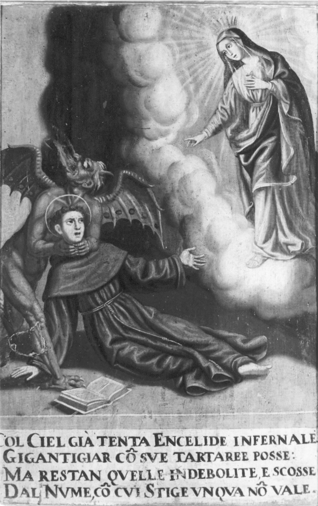 Apparizione della Madonna a Sant'Antonio da Padova tentato dal demonio (dipinto, ciclo) di Bresciano Girolamo (sec. XVII)