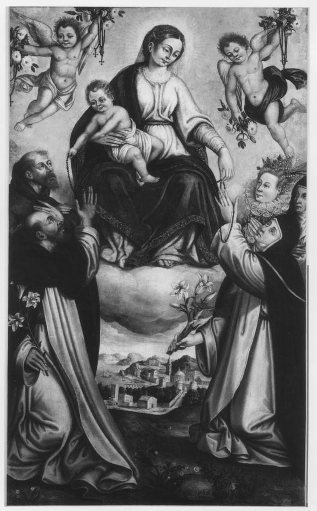Madonna del Rosario con San Domenico e Santa Caterina, santi e misteri del rosario (dipinto) di Vitale Felice (inizio sec. XVII)