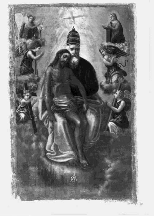 Dio Padre che sostiene il corpo di Cristo e colomba dello Spirito Santo (dipinto) - ambito Italia meridionale (sec. XVII)