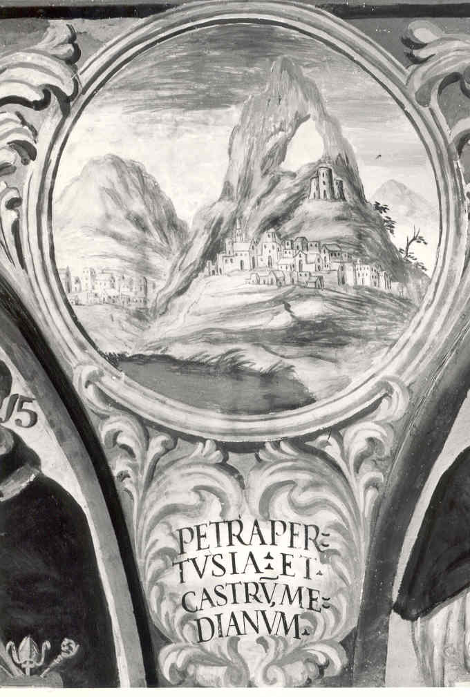 veduta delle città di Pietrapertosa e Castelmezzano, veduta di città (dipinto, elemento d'insieme) di Palmieri Anselmo di Polla (attribuito) (sec. XVIII)