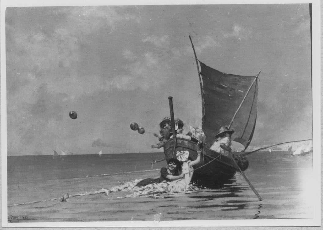 paesaggio marino con barca a vela, paesaggio marino (dipinto) di Petroni Andrea (sec. XIX)