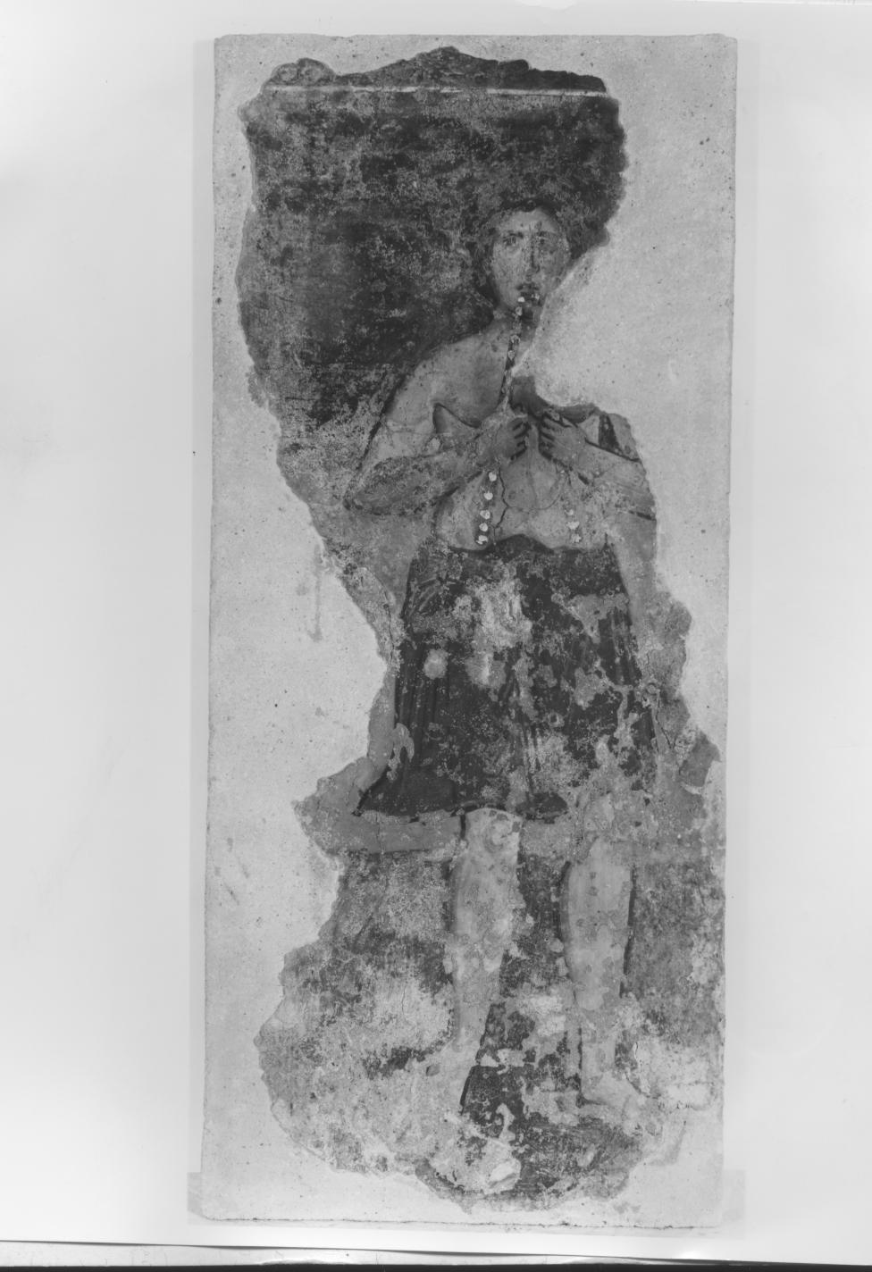 musico con flauto doppio, musico (dipinto, ciclo) - ambito Italia meridionale (metà sec. XIV)