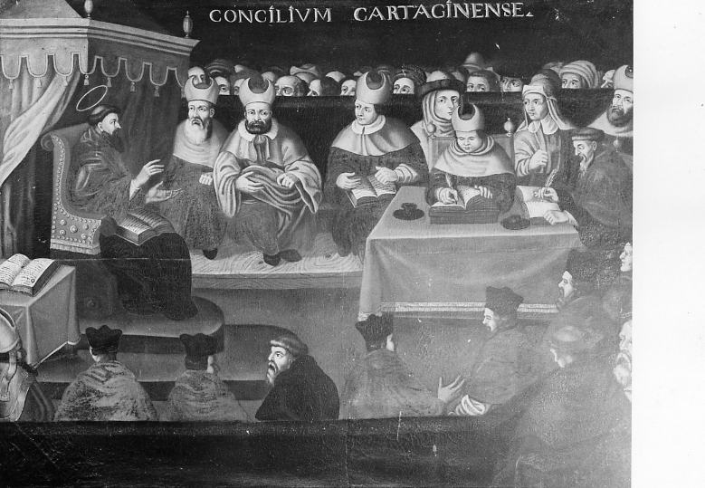 Sant'Agostino presiede il concilio di Cartagine (dipinto) - ambito Germania meridionale (prima metà sec. XVII)