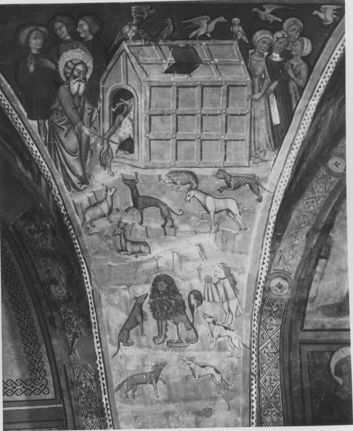 Noè e gli animali entrano nell'arca; Navigazione dell'arca di Noè, con vaso di fiori (dipinto, ciclo) - ambito umbro-marchigiano (sec. XV)