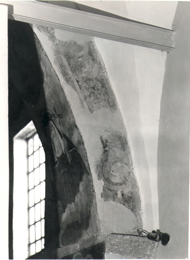 Motivi vegetali e Busto di Santa non identificata (dipinto) - ambito umbro-marchigiano (sec. XV)