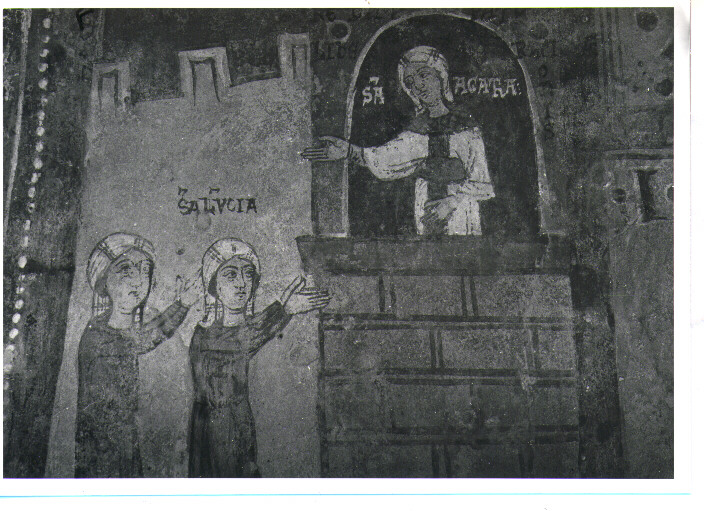 Santa Lucia in ginocchio sulla tomba di Sant'Agata (dipinto) - ambito Italia meridionale (sec. XIII)