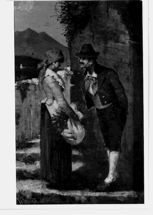 Particolare di un cimitero, intitolato: preghiera al tramonto, paesaggio (dipinto) di Petroni Andrea (ultimo quarto sec. XIX)