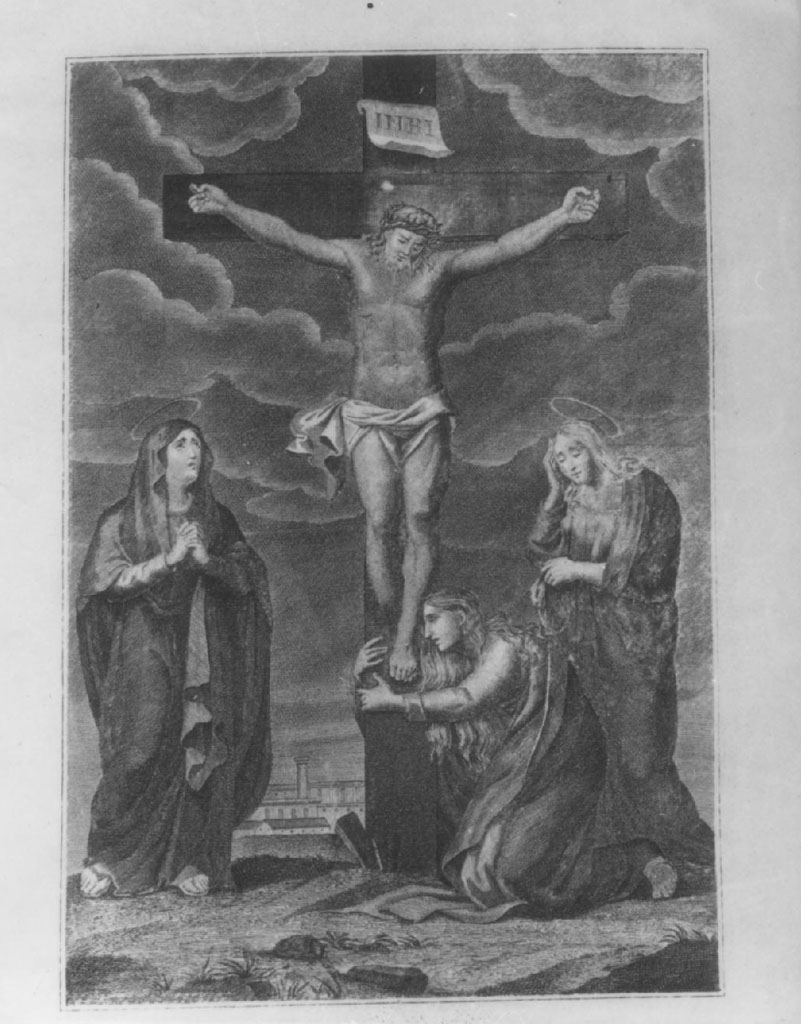 crocifissione di Cristo con la Madonna e santi (stampa) - ambito milanese (sec. XX)