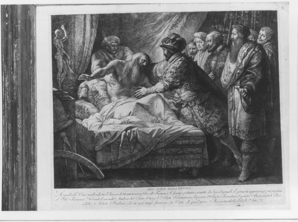 Leonardo da Vinci moribondo tra le braccia di Francesco I re di Francia, figura maschile di anziano (stampa) di Cades Giuseppe (bottega) (sec. XVIII)