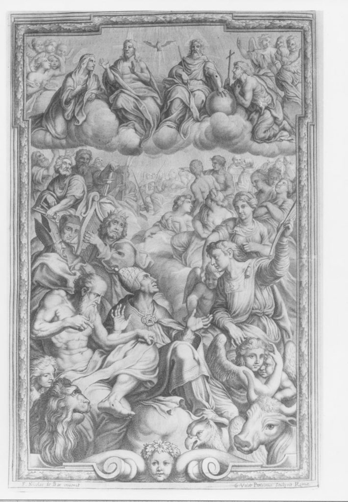 La Trinità con la comunità dei Santi, Trinità (stampa) di Lorrain Nicolas François, Vallet Guillaume (secc. XVII/ XVIII)