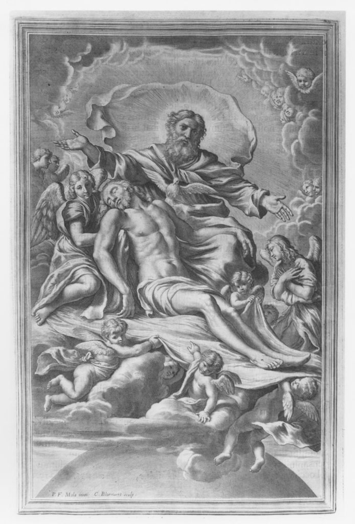 Cristo trasportato dagli angeli, Cristo in pietà sorretto da angeli (stampa) di Bloemaert Cornelis il Giovane, Mola Pier Francesco (sec. XVII)