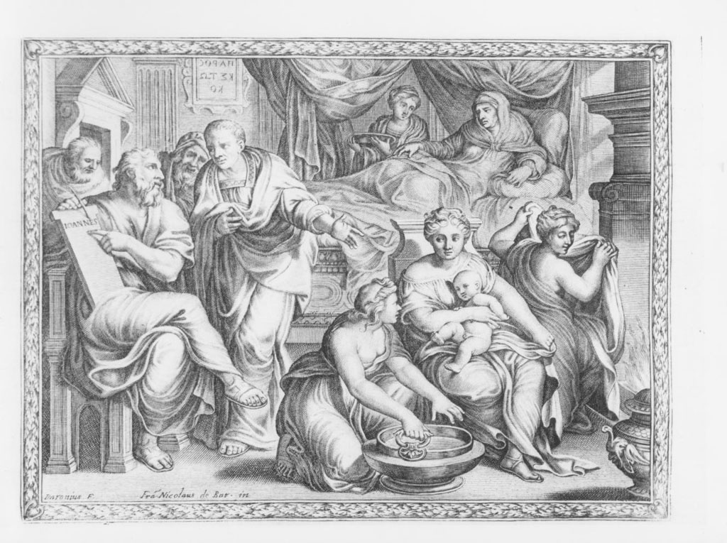 Natività del Battista, nascita di San Giovanni Battista (stampa) di Lorrain Nicolas François, Baroni Giuseppe (sec. XVIII)