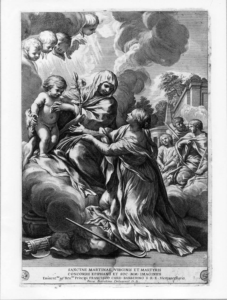 La Vergine con il Bambino e i santi Martina, Concordio edEpifanio (stampa) di Bloemaert Cornelis il Giovane, Berrettini Pietro detto Pietro da Cortona (sec. XVII)