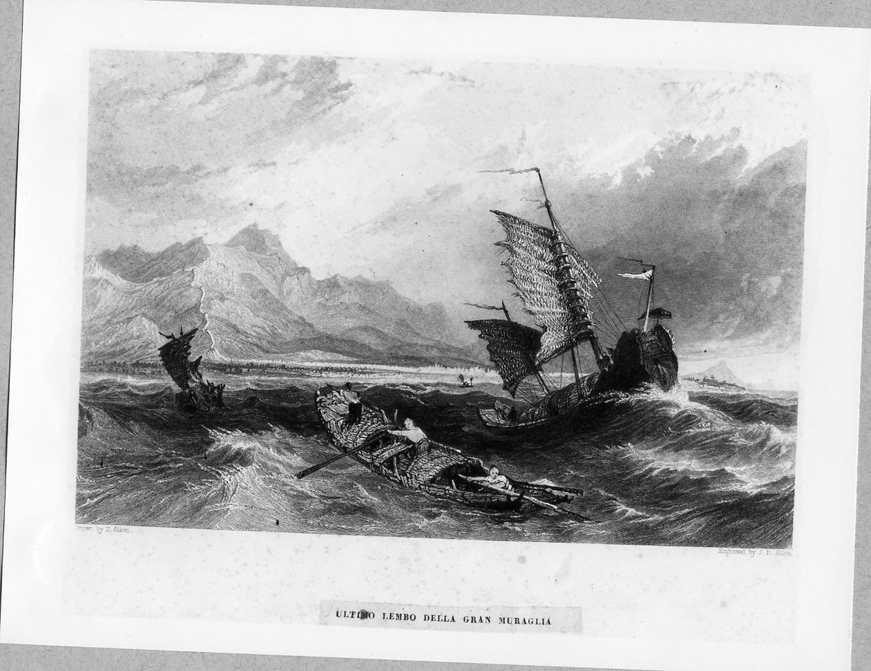 Marina con sampan e veduta della Grande Muraglia (stampa smarginata) di Allom Thomas, Allen James Baylis - ambito inglese (secondo quarto sec. XIX)