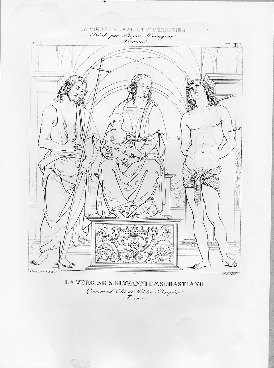 Madonna in trono tra i santi Giovanni Battista e Sebastiano (stampa) di Pistolesi Saverio, Vannucci Pietro detto Perugino (sec. XIX)