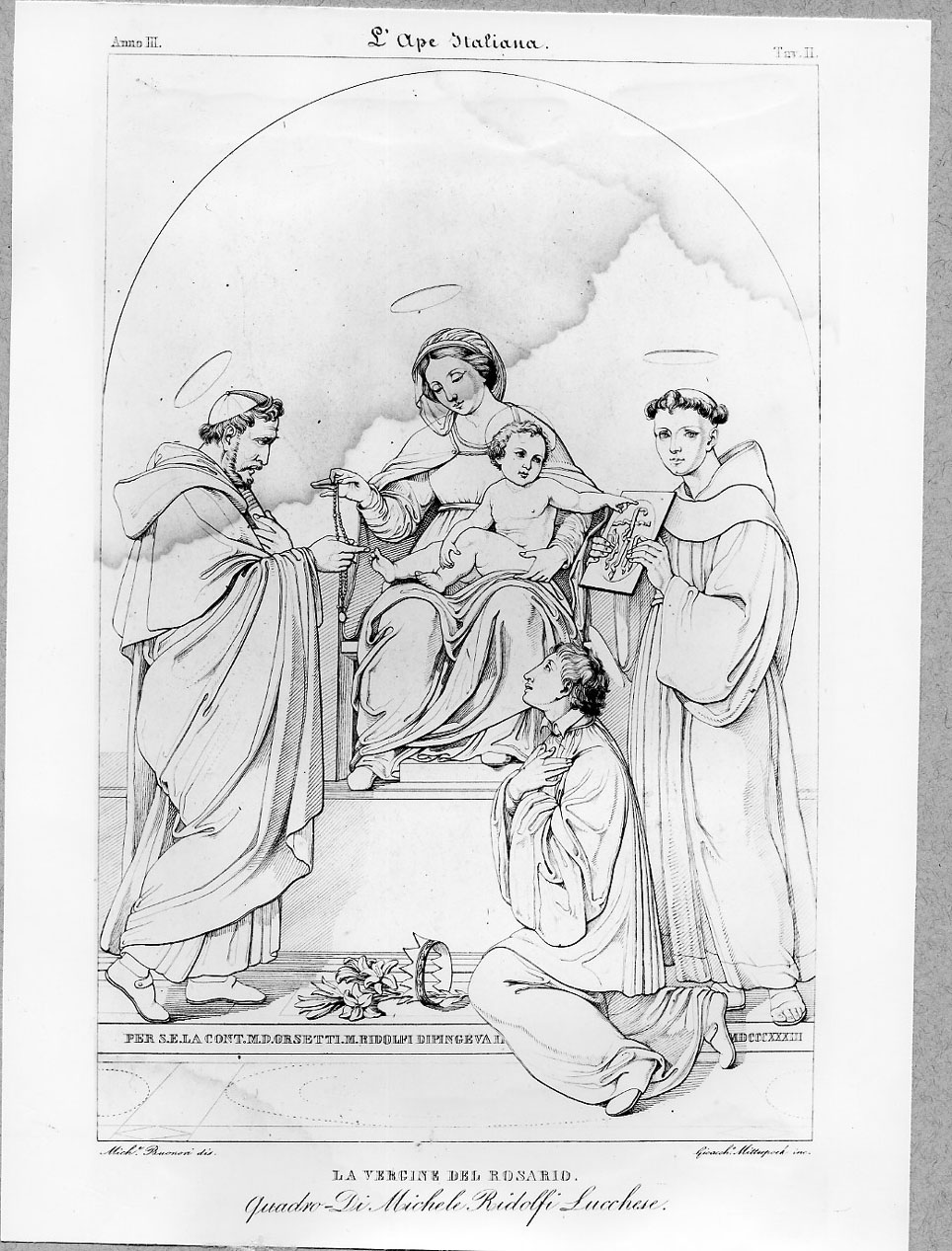 Madonna con Bambino e i santi Domenico e Bernardino da Siena (stampa smarginata) di Mitterpoch Gioacchino, Buonori Michele, Ridolfi Michele (sec. XIX)