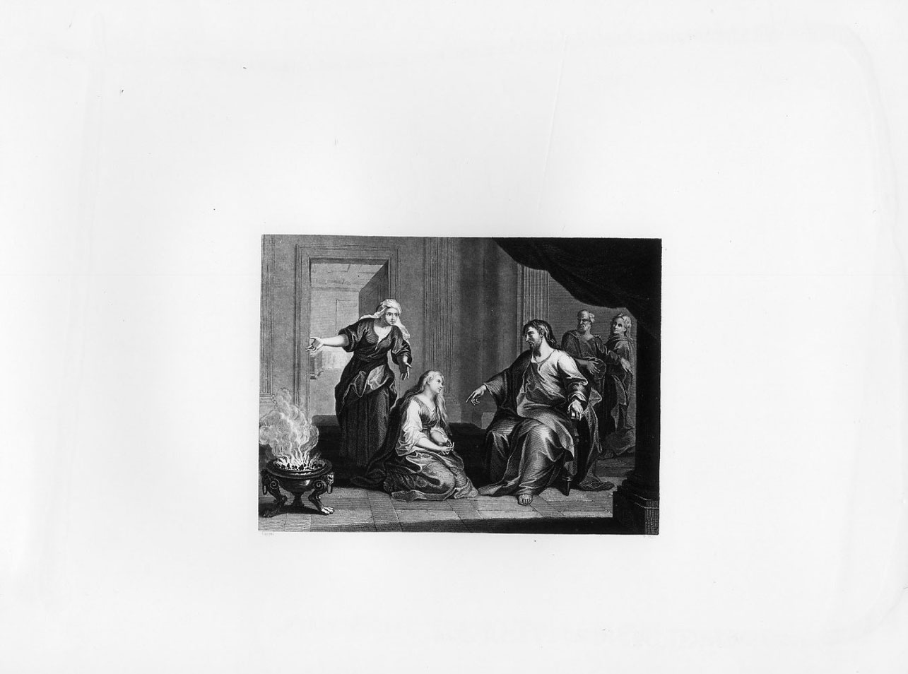 Gesu' in casa di Marta e Maria (stampa smarginata) di Holl Francis, Coypel Antoine (terzo quarto sec. XIX)