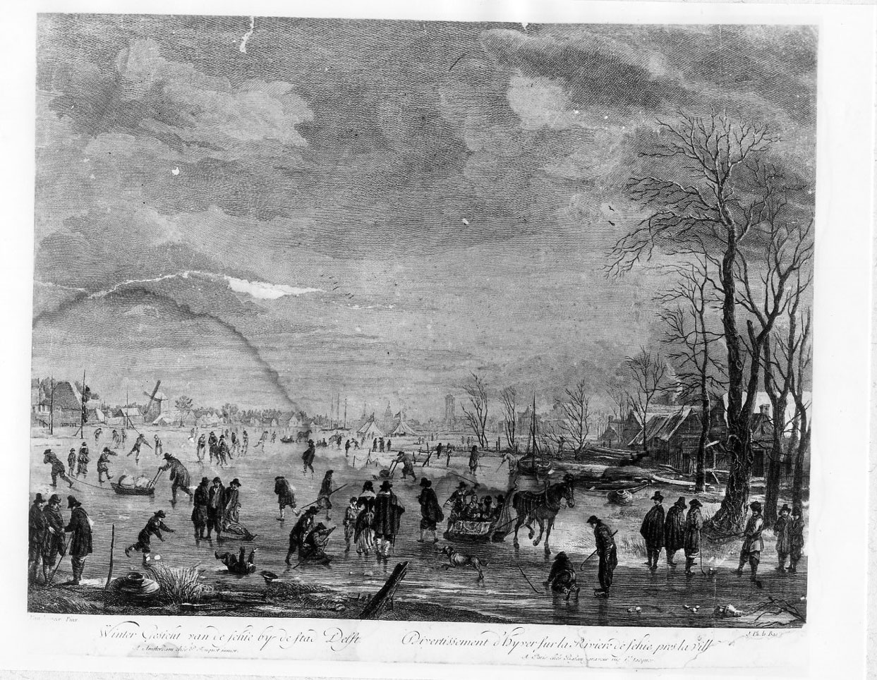Divertimenti invernali sulla riviera di Schie vicino allacitta' di Delft (stampa smarginata) di Le Bas Jacques Philippe, Van der Neer Aert (sec. XVIII)