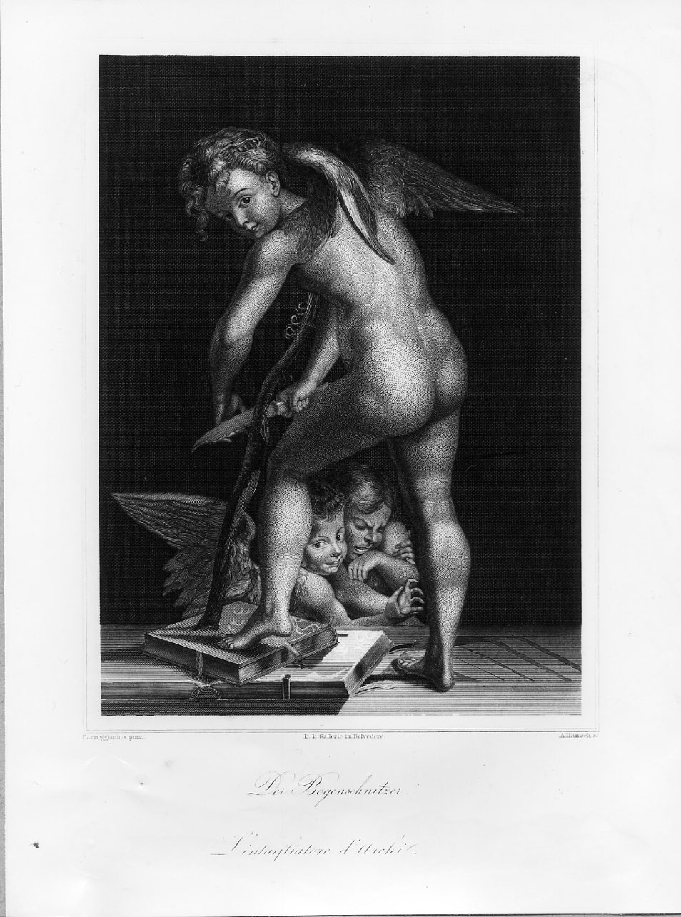 Cupido che fabbrica l'arco (stampa smarginata) di Hanisch Alois, Mazzola Francesco detto Parmigianino (fine sec. XIX)