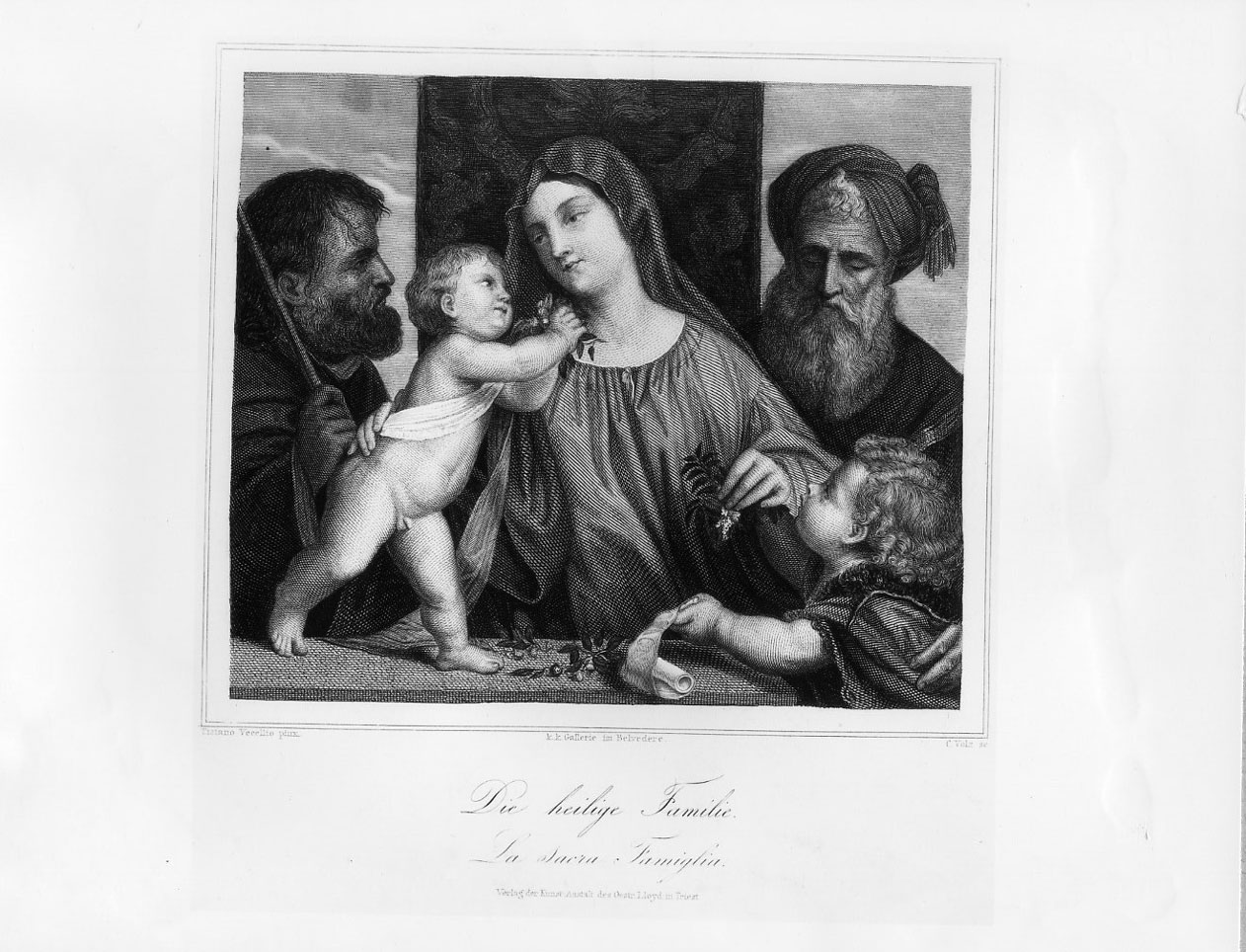 Madonna delle ciliegie, La Sacra Famiglia con san Giovannino (stampa smarginata) di Voltz Karl Friederich, Vecellio Tiziano (seconda metà sec. XIX)