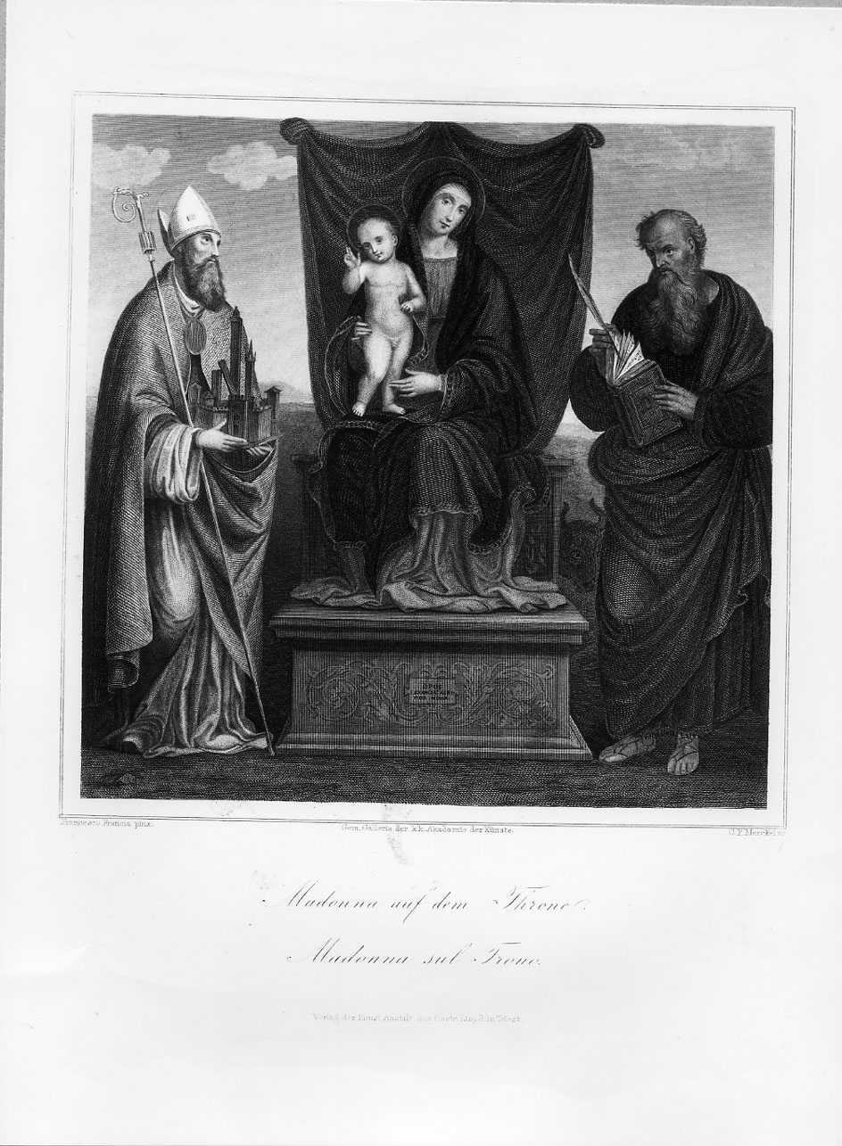 Madonna in trono tra i santi Petronio e Luca (stampa smarginata) di Merckel Georg, Raibolini Francesco detto Francia (primo quarto sec. XX)