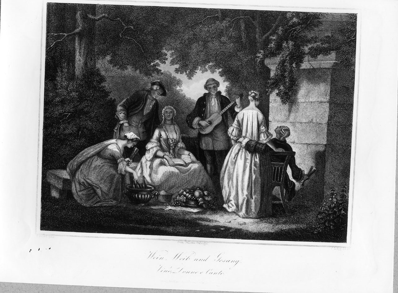 Giovani in un giardino (stampa smarginata) di Appold Johann Leohard, Huard François (sec. XIX)