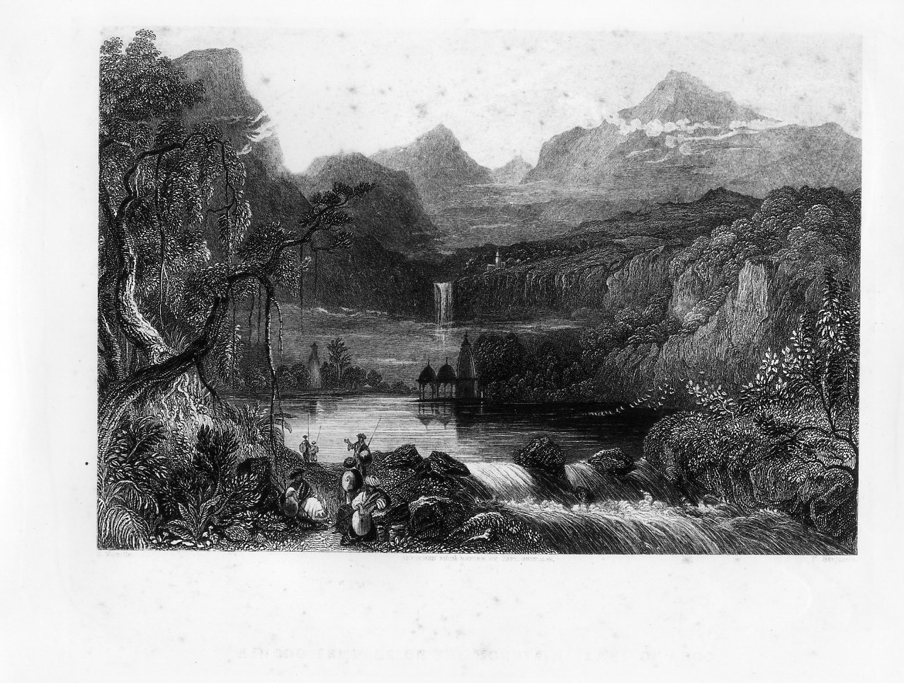 Veduta del lago Aboo con templi indu' (stampa smarginata) di Roubaud Benjamin, Melville Harden S (sec. XIX)