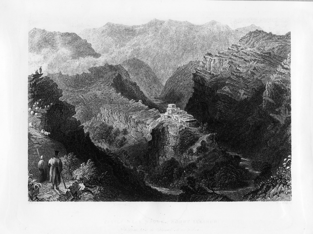 Veduta di un castello presso il monte Djouni (stampa smarginata) di Bartlett William Henry, Starling M. J (sec. XIX)