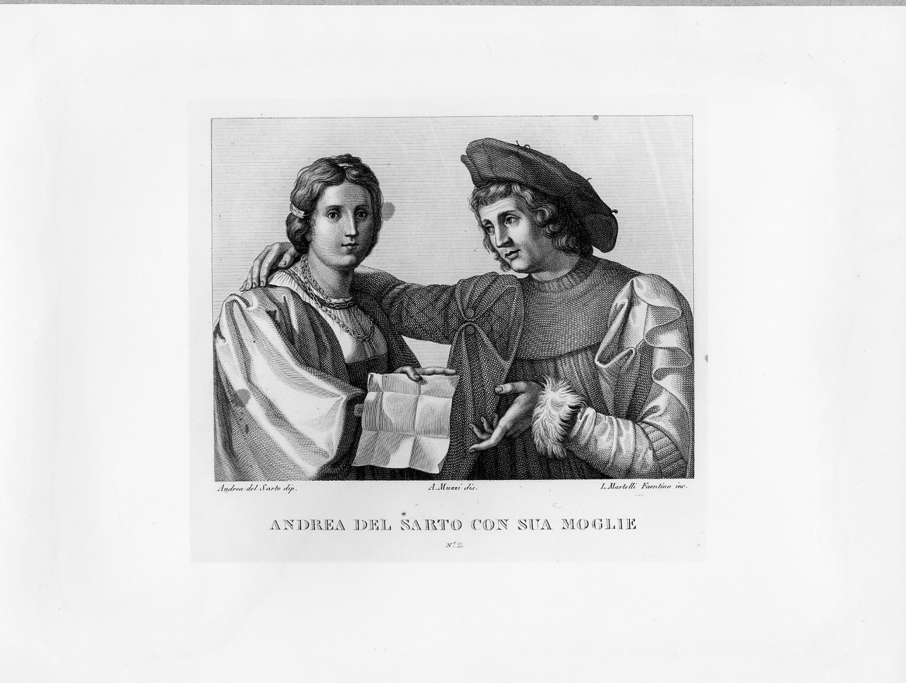 Ritratto di Andrea del Sarto con sua moglie (stampa) di Martelli Luigi, Andrea d'Agnolo detto Andrea del Sarto, Muzzi Antonio (secondo quarto sec. XIX)