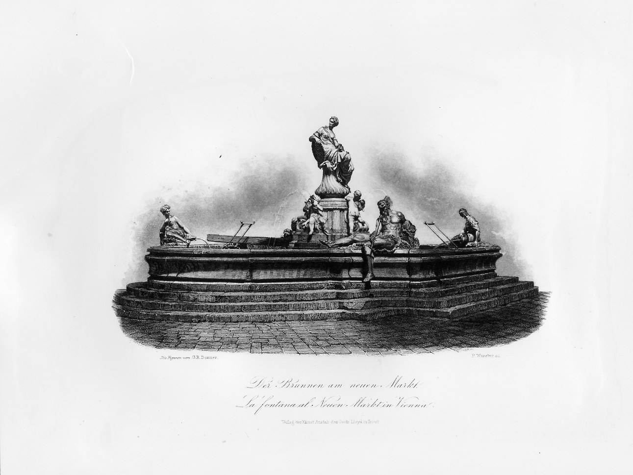La Fontana del Neue Markt a Vienna (stampa smarginata) di Wurster Joseph, Donner Georg Raphael (metà sec. XIX)