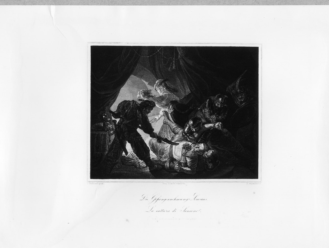Sansone accecato dai Filistei (stampa smarginata) di Schultheiss Albrecht Furchtegott, Van Rijn Rembrandt (seconda metà sec. XIX)