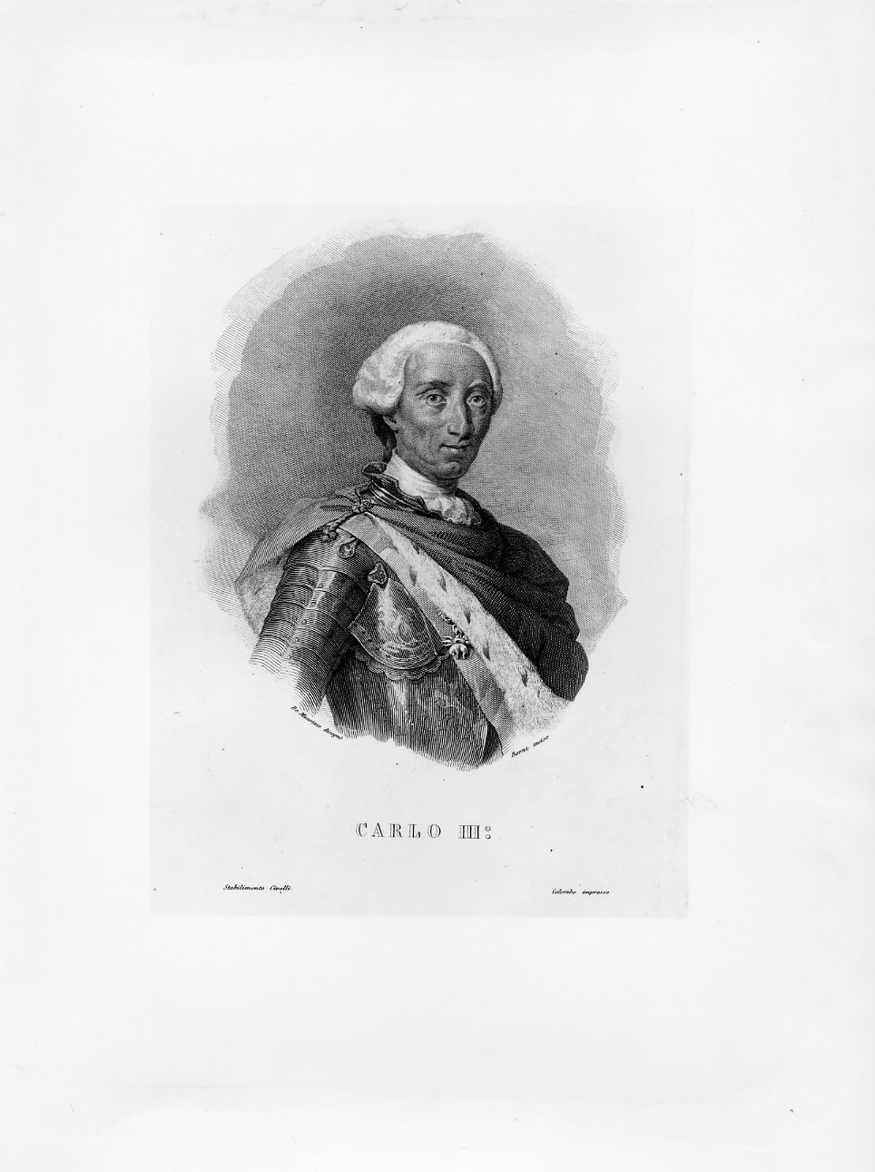 Ritratto di Carlo III di Borbone (stampa) di Barni Giuseppe, De Maurizio Felice (prima metà sec. XIX)