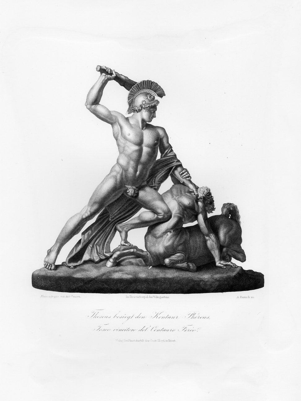 Teseo uccide il centauro Fereo (stampa smarginata) di Hanisch Alois, Canova Antonio (fine sec. XIX)