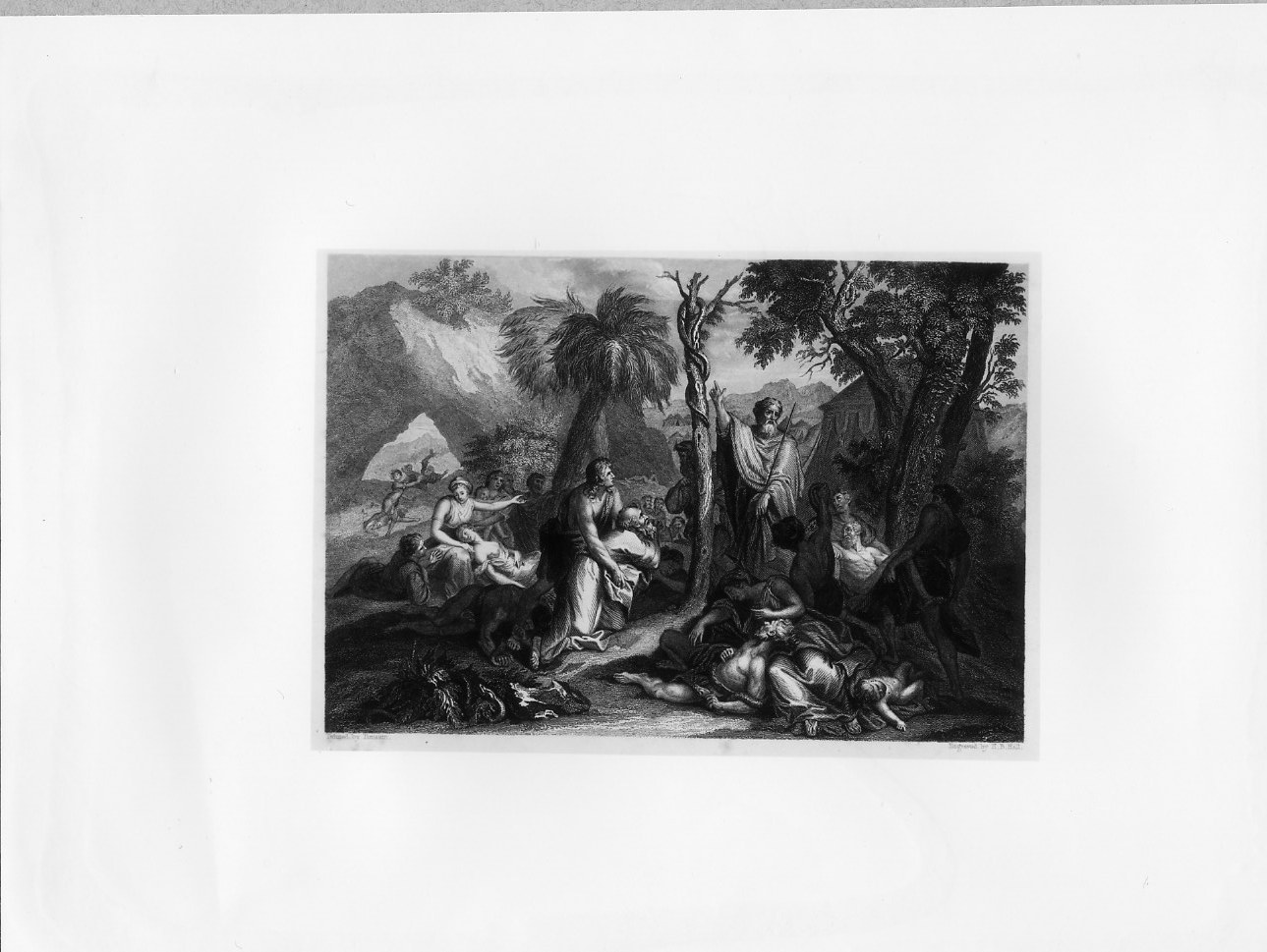 Mose' e il serpente (stampa smarginata) di Hall Henry Bryan, Poussin Nicolas (sec. XIX)