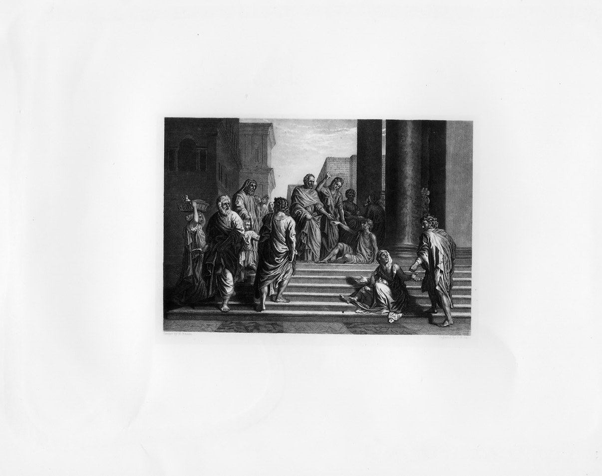San Pietro guarisce lo zoppo (stampa smarginata) di Hall Henry Bryan, Poussin Nicolas (sec. XIX)