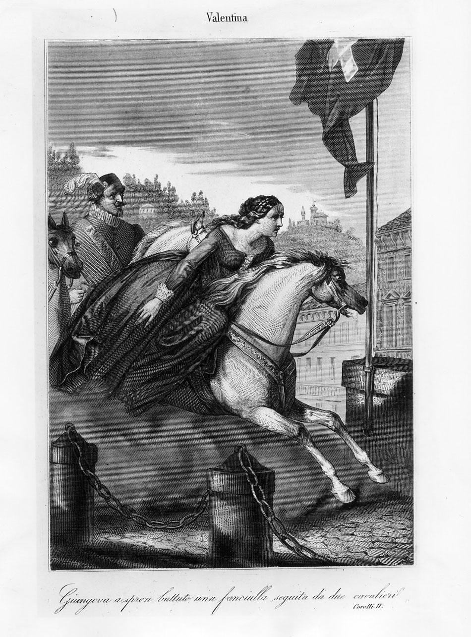 Valentina a cavallo seguita da due cavalieri (stampa smarginata) di Masutti Antonio (terzo quarto sec. XIX)