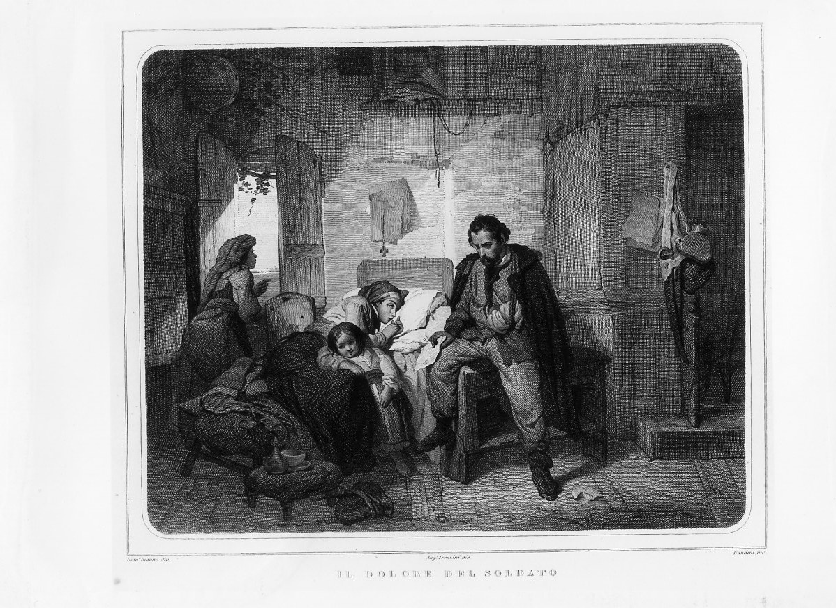 Soldato ferito con la sua famiglia (stampa smarginata) di Gandini Domenico, Induno Domenico, Trezzini Angelo (seconda metà sec. XIX)