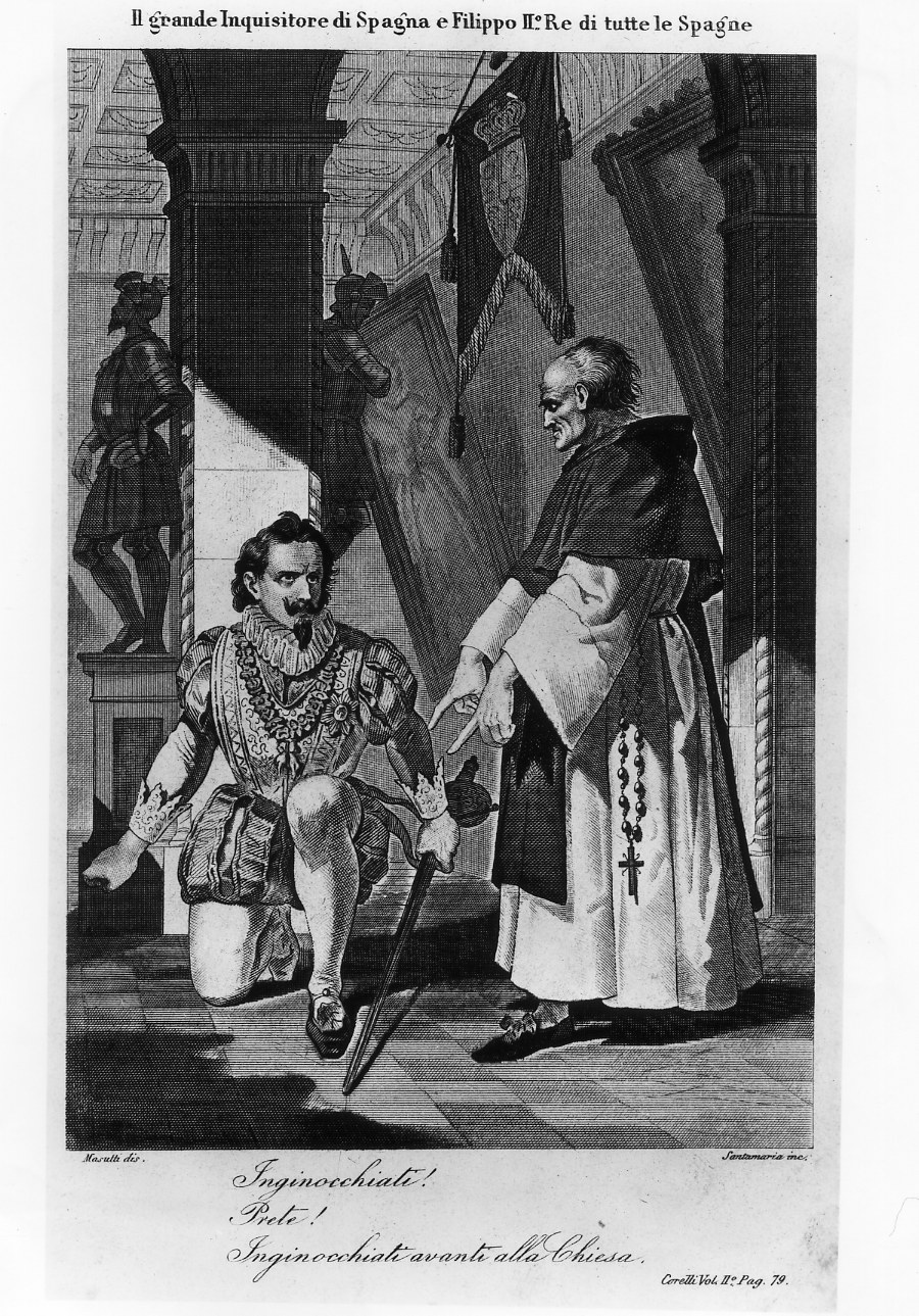 Filippo II di Spagna di fronte al Grande Inquisitore di Spa-gna (stampa smarginata) di Masutti Antonio, Santamaria Carlo (terzo quarto sec. XIX)