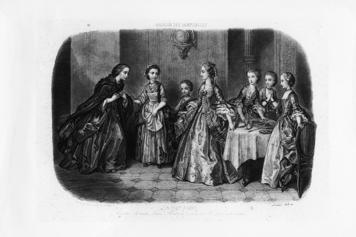 Una donna si discolpa da un'accusa di furto (stampa smarginata) - ambito francese (sec. XIX)