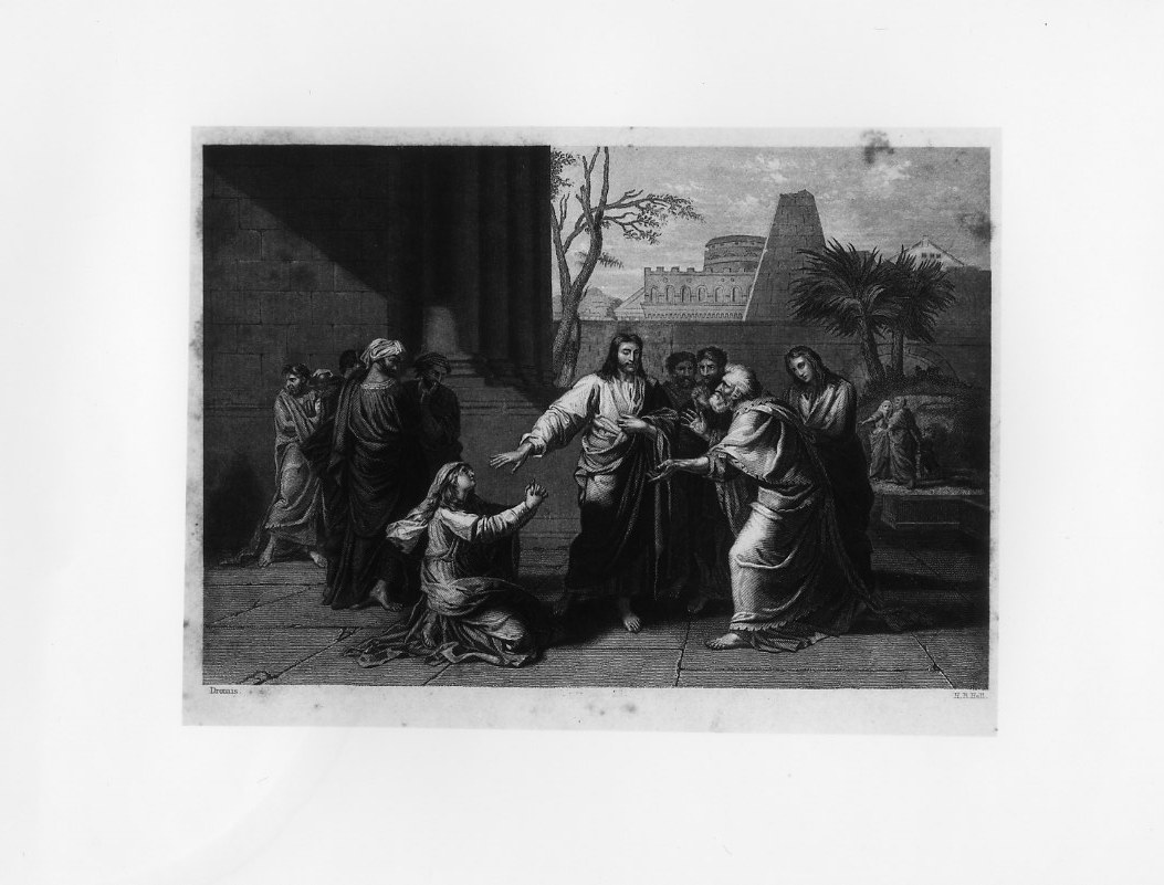 Gesu' e l'adultera (stampa smarginata) di Hall Henry Bryan, Drouais Jean-Germain (sec. XIX)