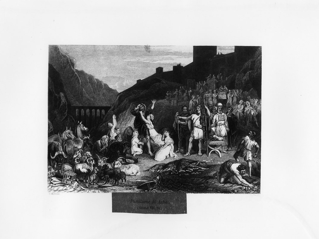 La punizione di Achan (stampa smarginata) di Staines Robert, Melville Harden S (sec. XIX)