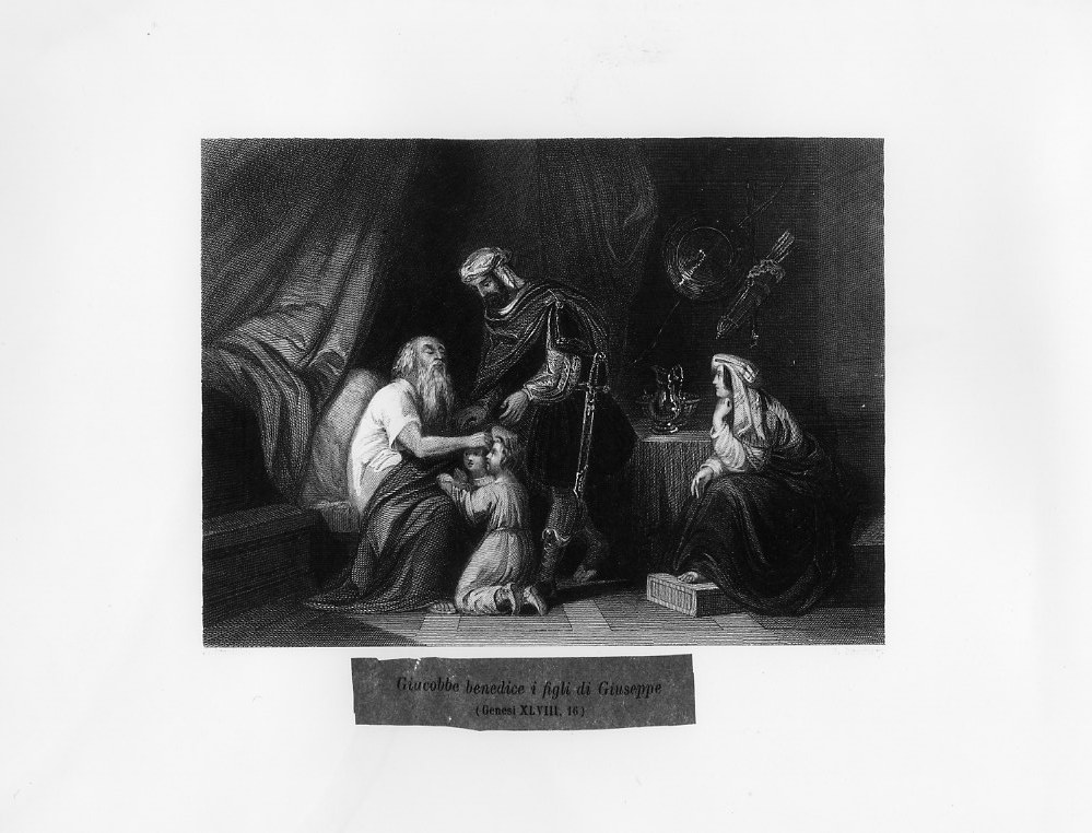 Giacobbe benedice i figli di Giuseppe (stampa smarginata) di Presbury George, Franklin John - ambito inglese (sec. XIX)