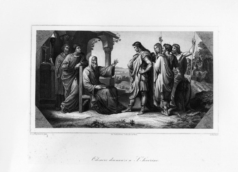 Odoacre dinanzi a san Severino (stampa smarginata) di Simon A, Kupelwieser Leopold (seconda metà sec. XIX)